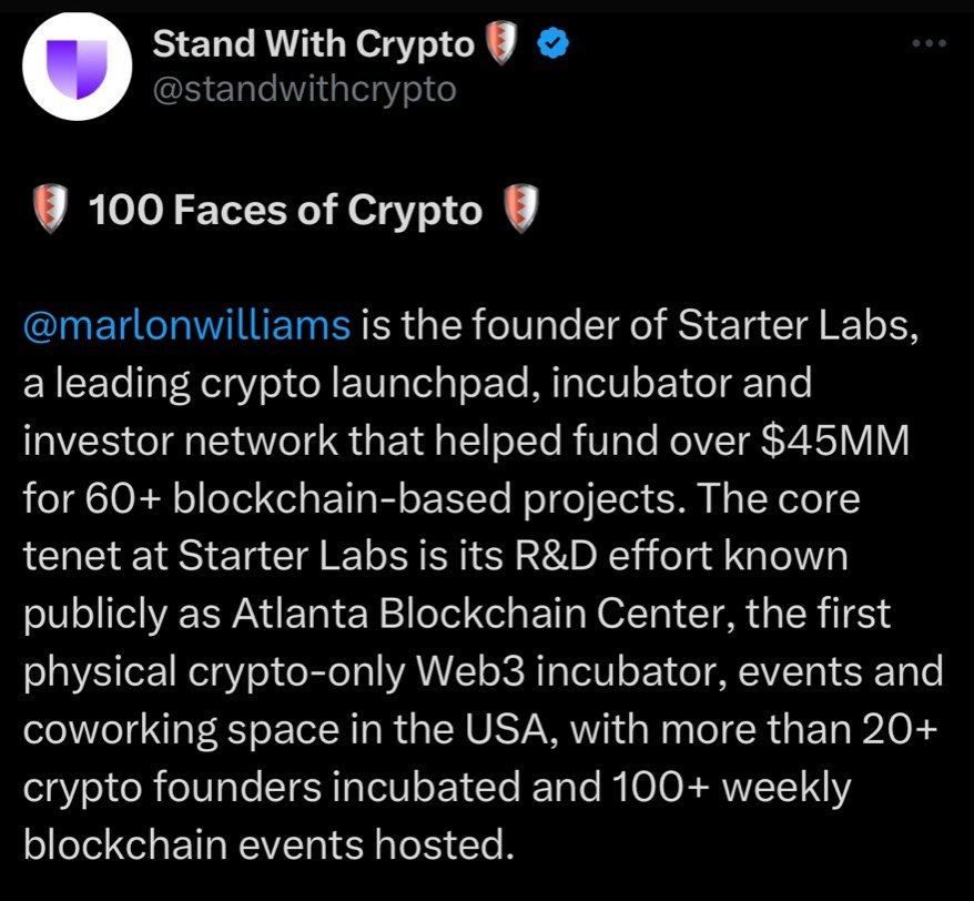 Stand With Crypto features Marlon Williams among its 100 Faces of Crypto