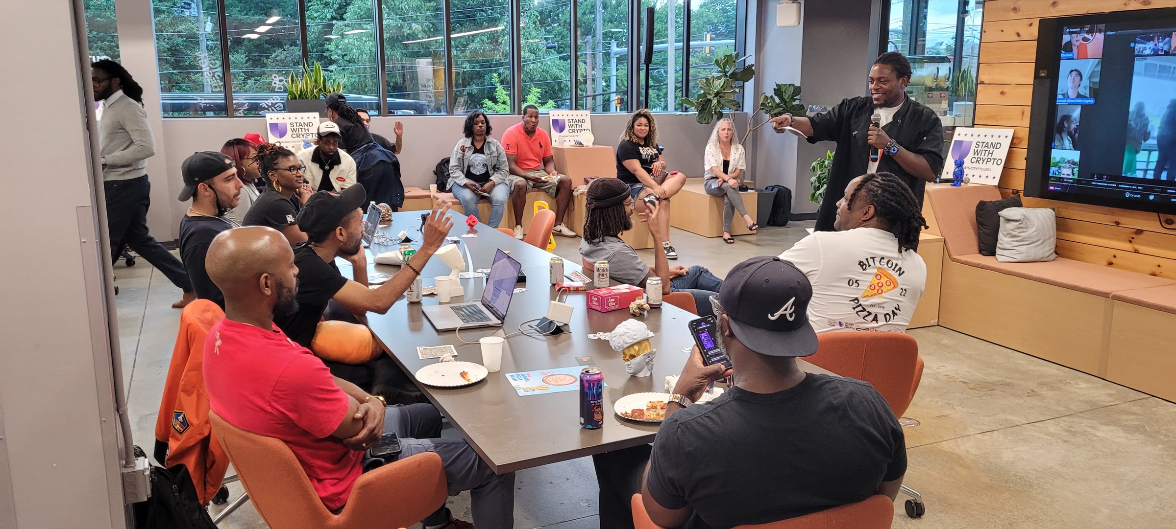 The Atlanta Blockchain Center room inside the Russell Center for Entrepreneurs, packed for Bitcoin Pizza Day