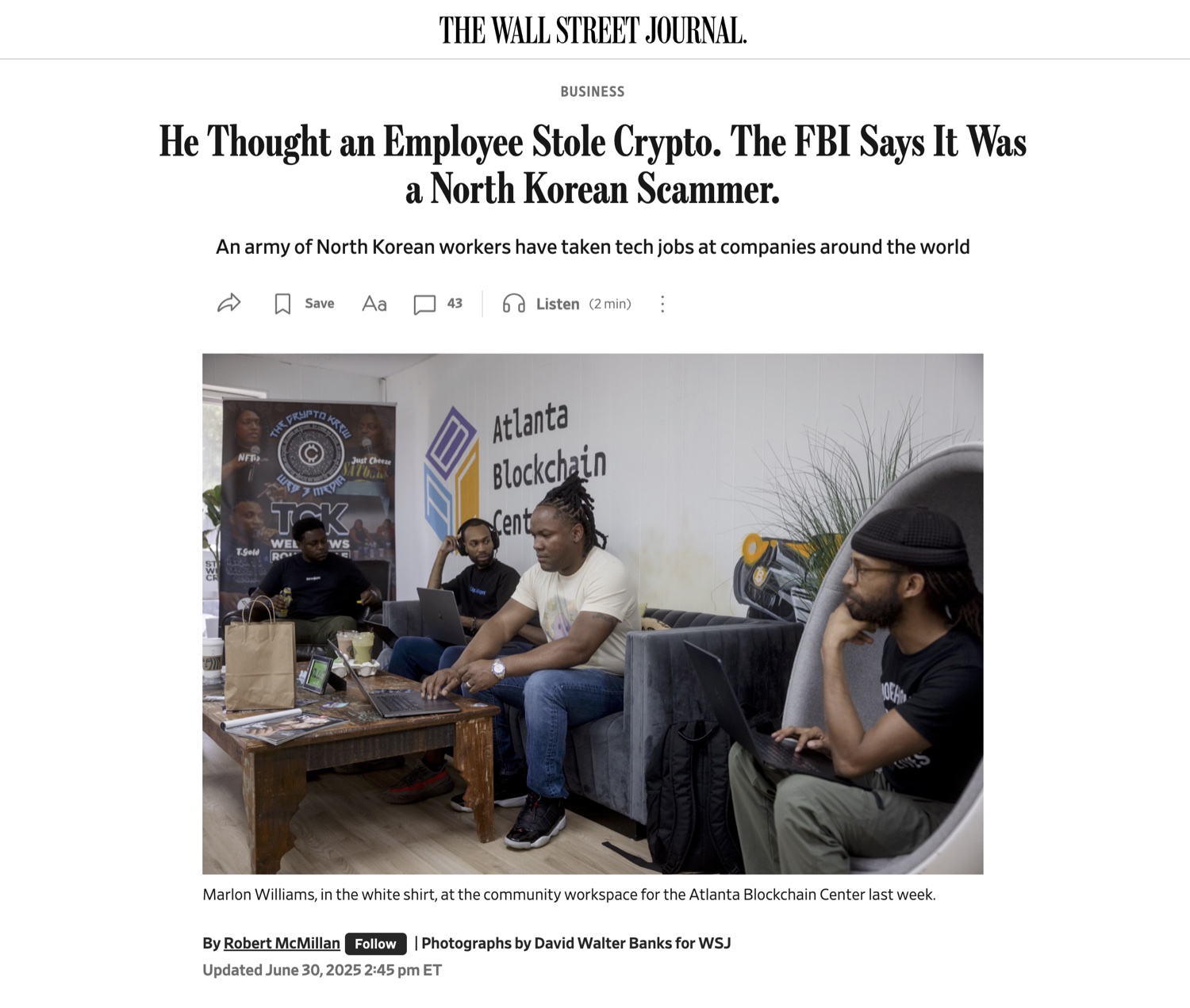 The Wall Street Journal feature on Marlon Williams and the North Korean scheme
